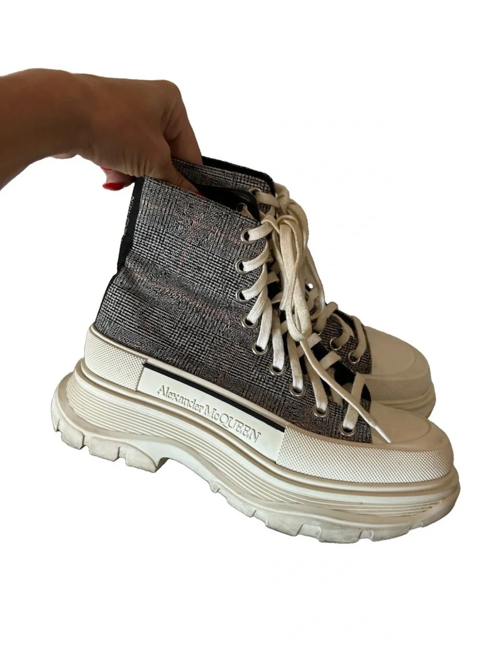 Alexander McQueen Tread Slick High Top Sneakers 37.5 Grey Tweed Platform